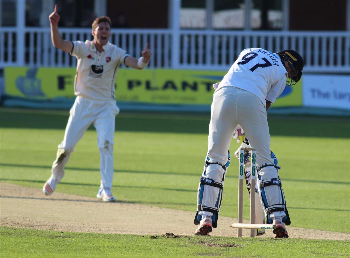 Kent's Matt Henry celebrates bowling Ishant Sharma to clinch victory over Sussex at Canterbry. Picture: Paul Allen