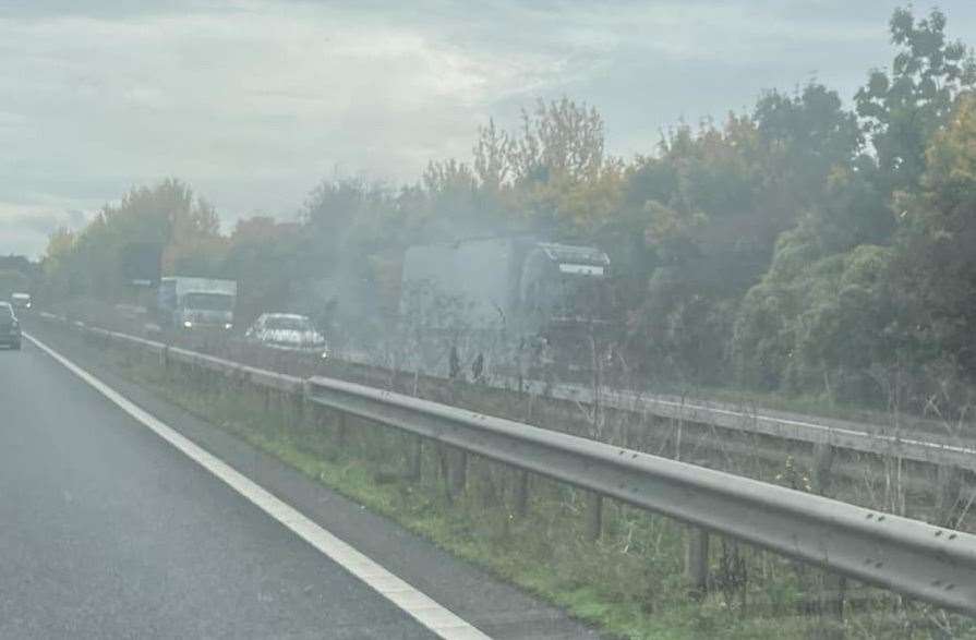 The lorry fire between Sittingbourne and Faversham on the M2. Picture: Matt Parsons