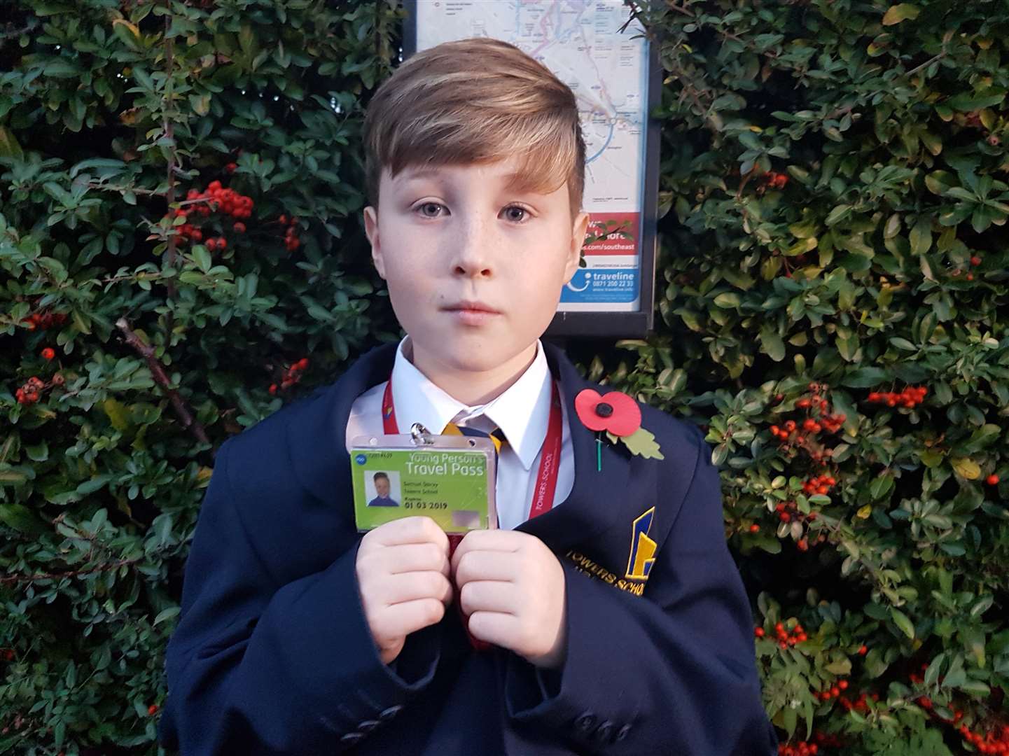 Sam Storey, 11, was left out in the pouring rain after he struggled to remove his bus pass