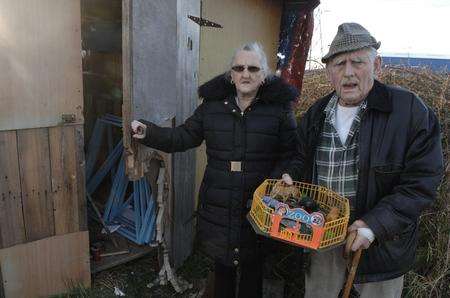 Josephine and Leonard Aylwin outside their Sheerness allotment shed with what is left of their miniature circus