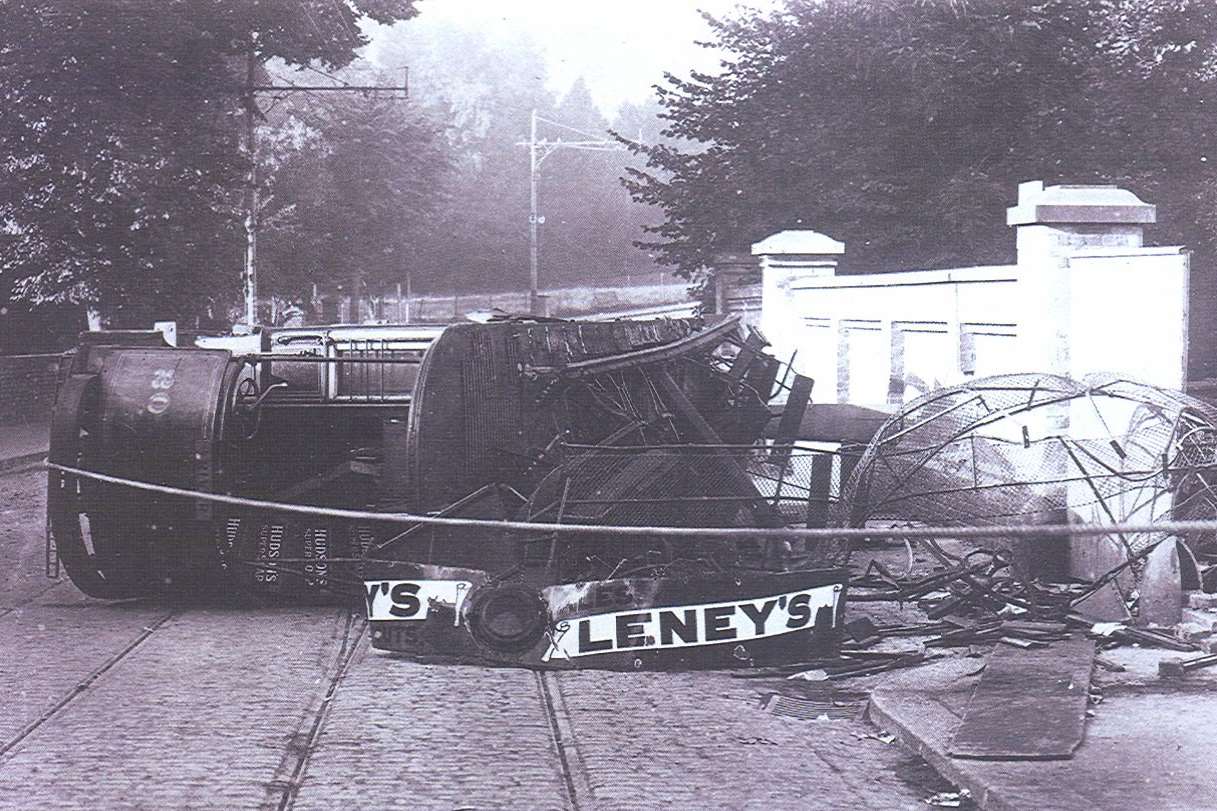 The scene at Crabble Road, River, on August 19, 1917, after the tram crashed, killing 11 people.