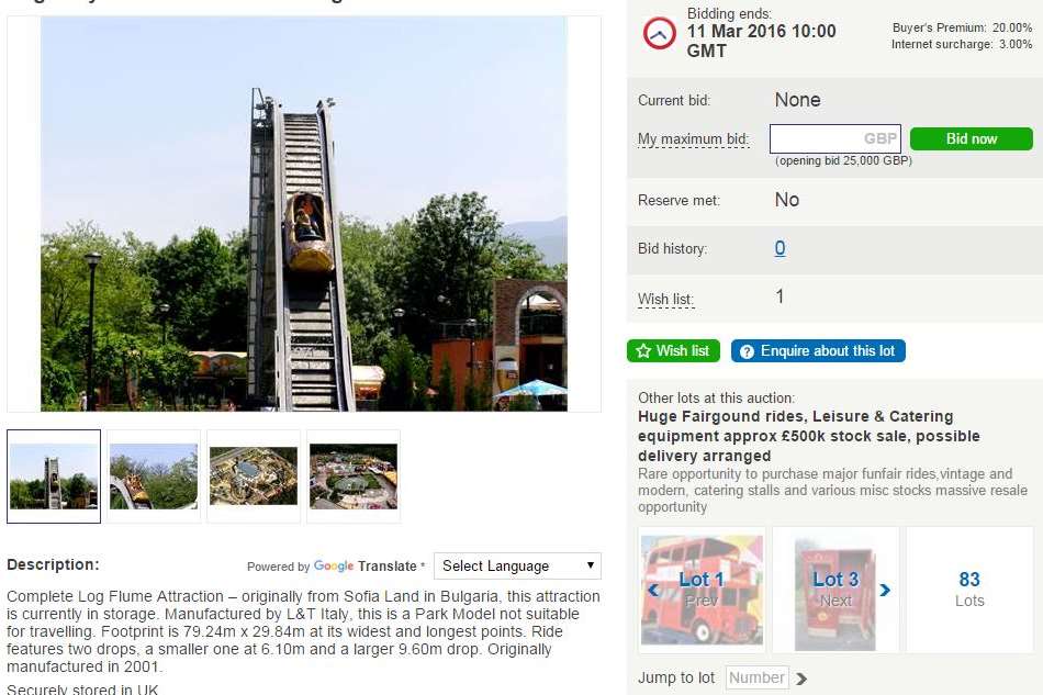 A log flume, originally bought for £145,000, has a starting price of £25,000.