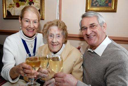 Marjorie Mason at her 105th birthday celebration at The Playa Club, Minster, with her children Roger Doucy and Jill Gesseul.