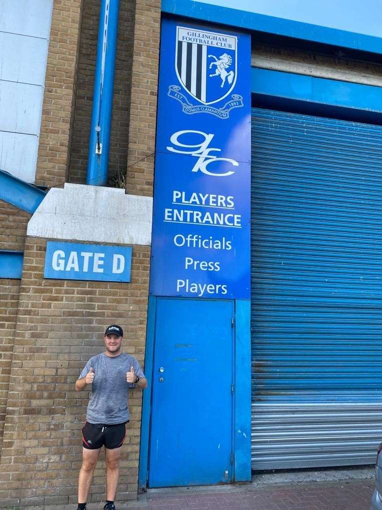 Nathan Richardson at Gillingham's Priestfield Stadium, almost 1,000 miles into his challenge to run around all the English football league grounds