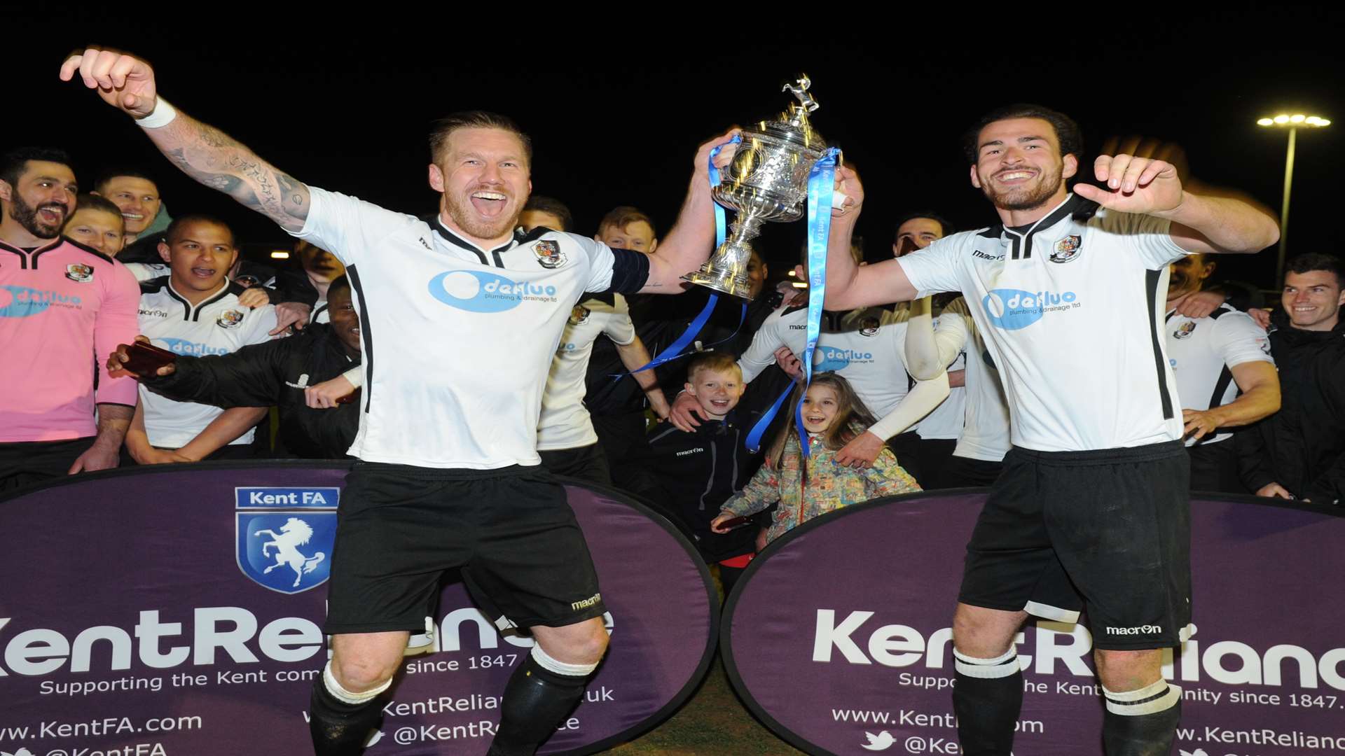 Dartford captain Elliot Bradbrook lifts the Kent Senior Cup with Ronnie Vint in 2016. Picture: Steve Crispe