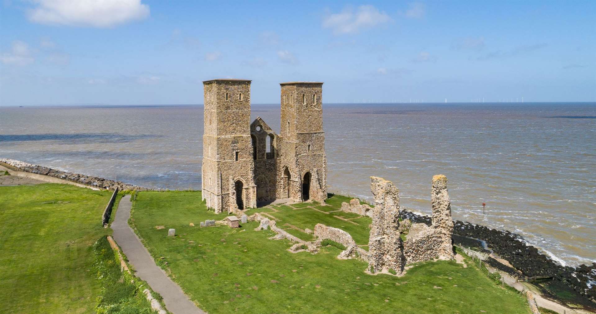 The imposing twin towers at Reculver dominate the skyline of the North Kent coast, acting as a navigation marker for ships at sea