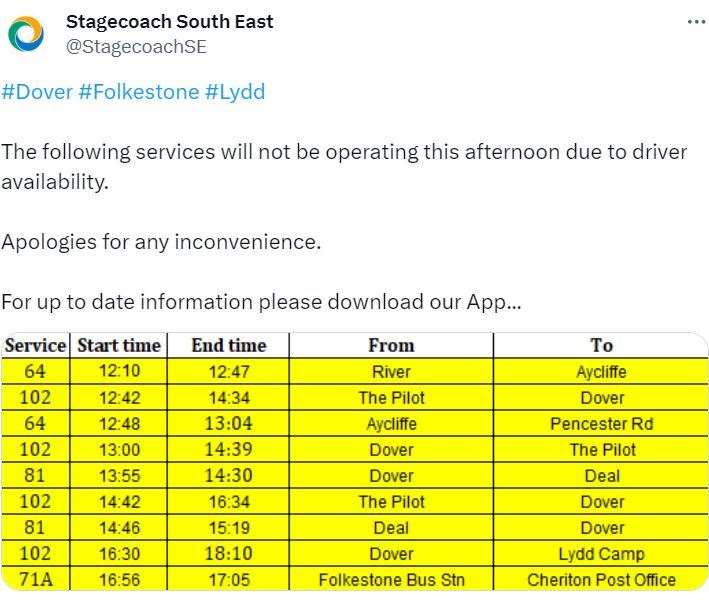 Stagecoach regularly tweets long lists of bus cancellations. Picture: @StagecoachSE
