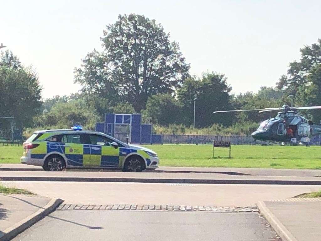 Police and an air ambulance at the Eden Village estate this morning