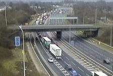 Traffic is queuing on the M20 westbound carriageway (left hand side). Picture: Highways England (7220731)