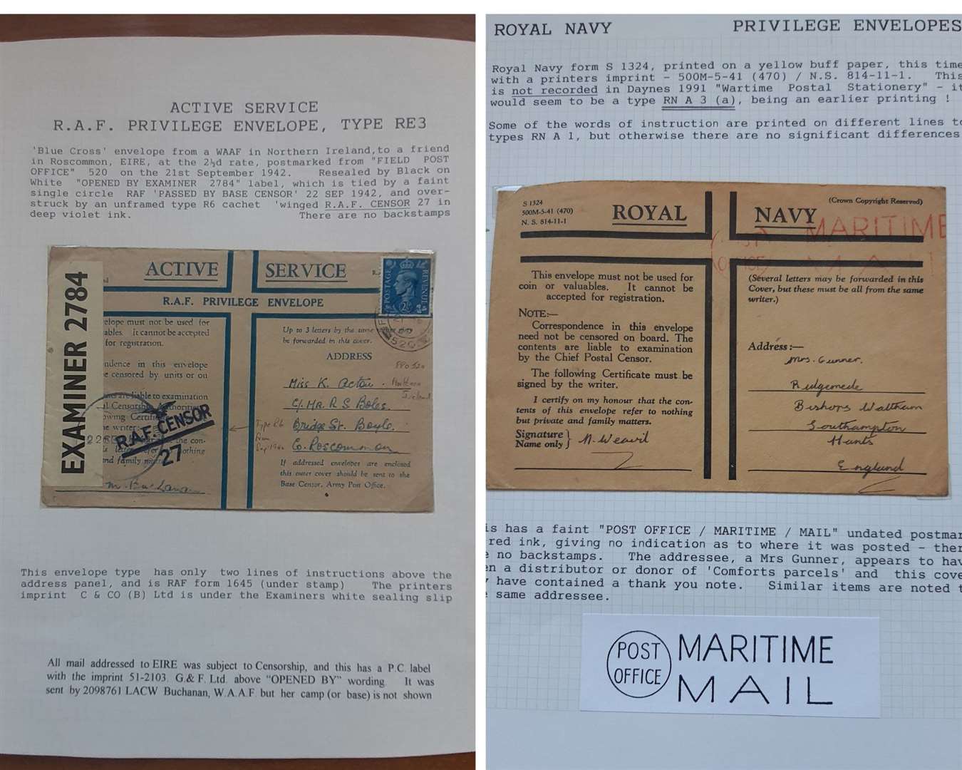 An RAF and a Royal Navy servicemen's privilege letter sent home from the Second World War