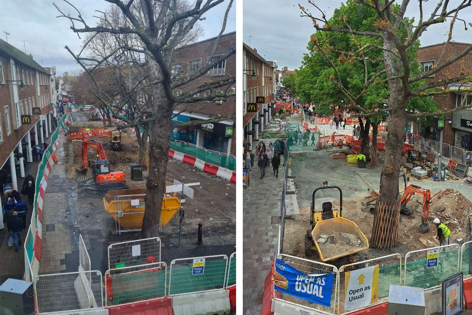 The progress of the St George’s Street work in February (left) and today