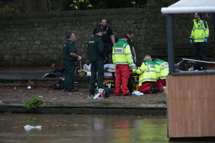 Emergency services have been treating a man in his 50s who fell into the river