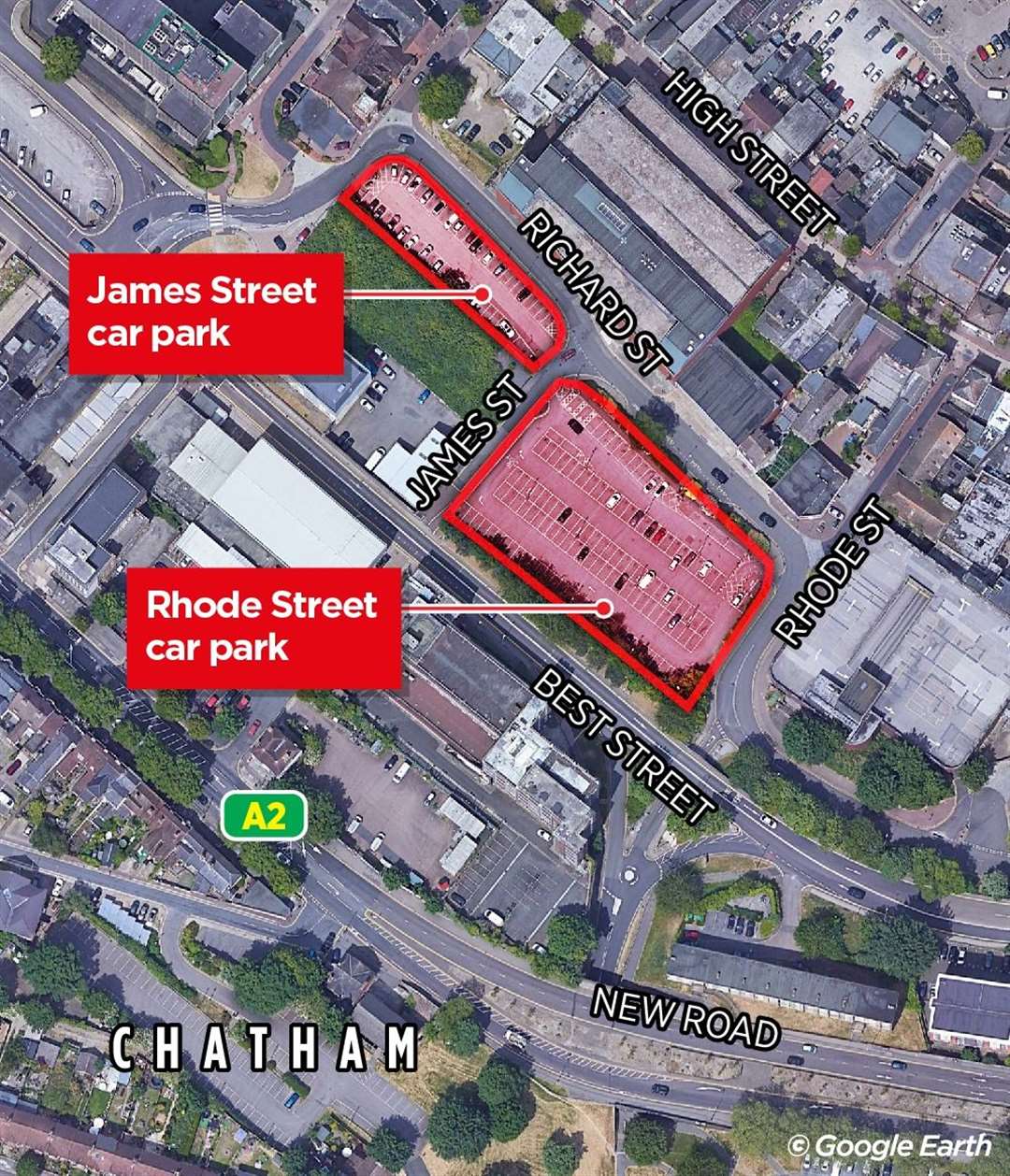 James Street car park and Rhode Street car park in Chatham are just a few yards apart