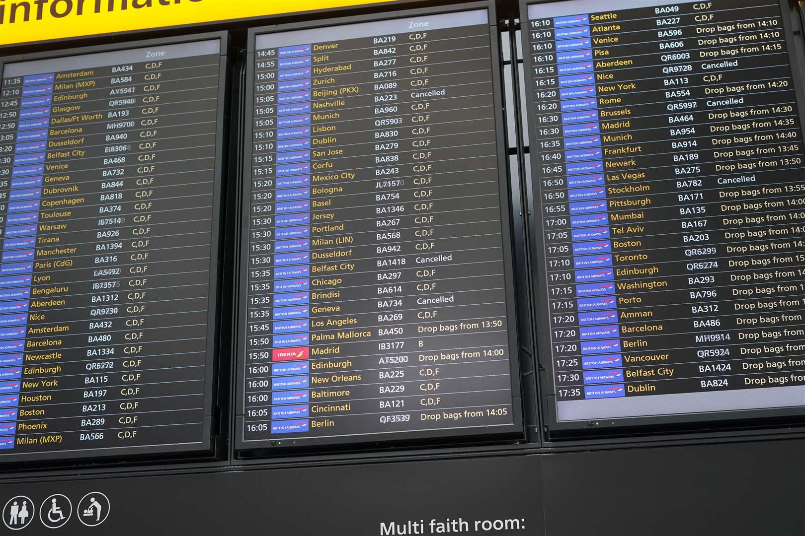 A departure board at Heathrow Airport as disruption from air traffic control issues continues (Lucy North/PA)