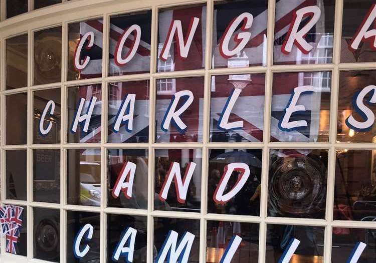 Shops in Rochester High Street were decked out for the "wedding" of Charles and Camilla