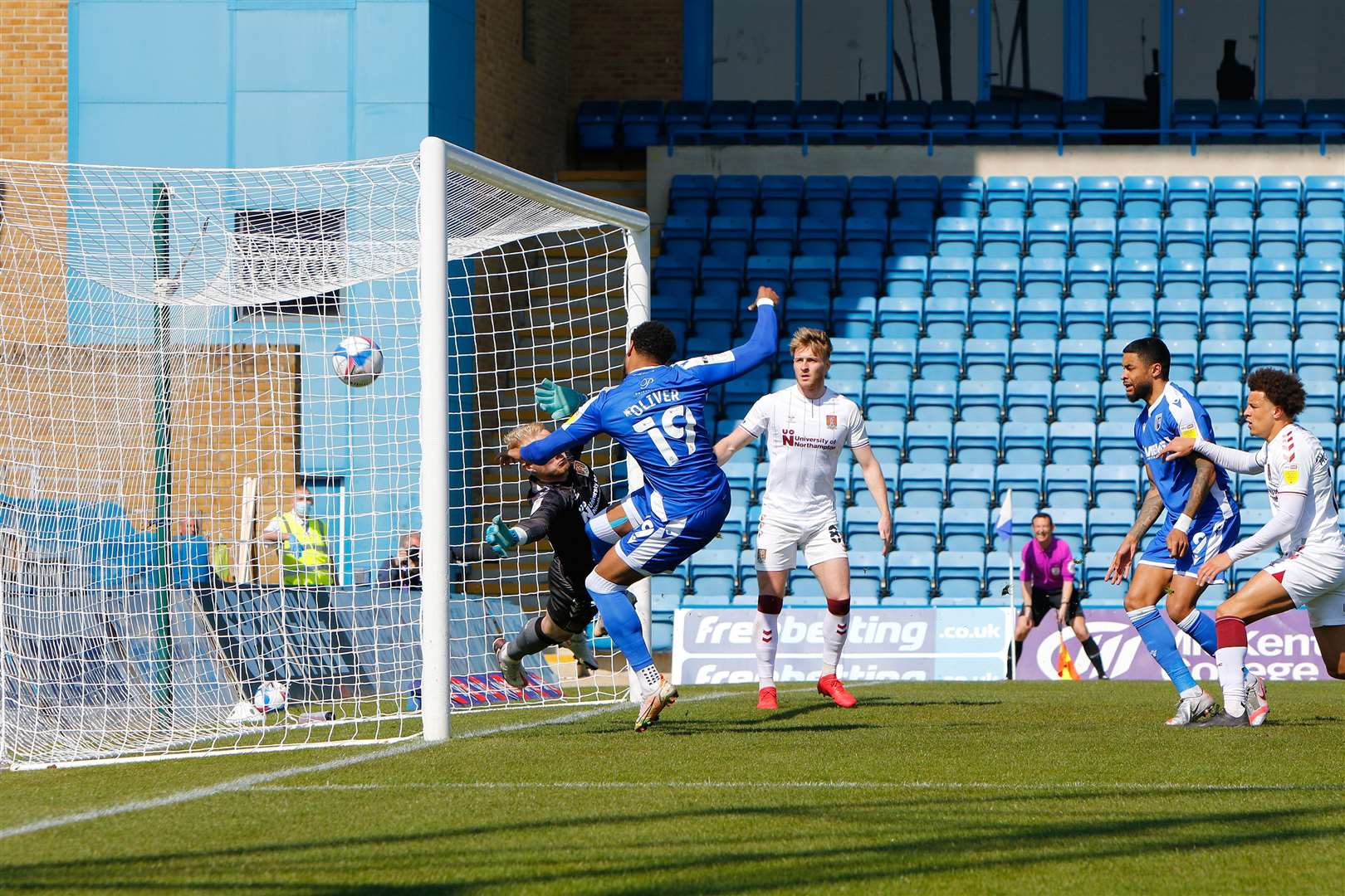 Vadaine Oliver puts Gillingham ahead in the 11th minute Picture: Andy Jones