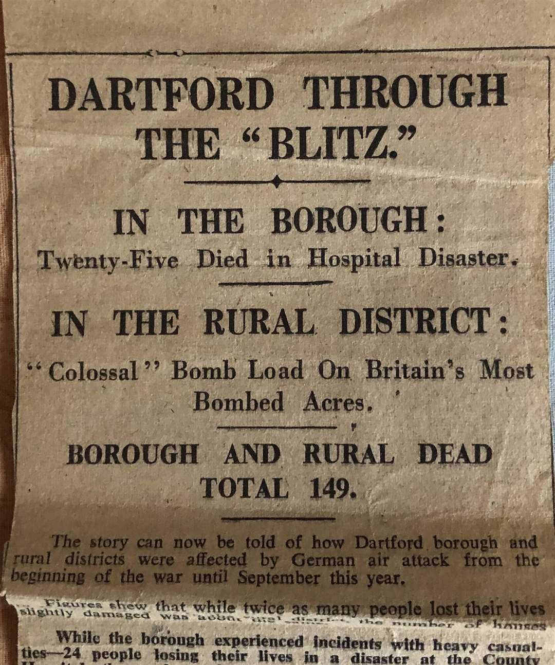 A newspaper cutting on Dartford through The Blitz