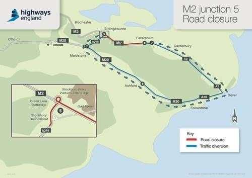 The M2 will be shut between Faversham and Sittingbourne with a 70-mile diversion in place across half of Kent