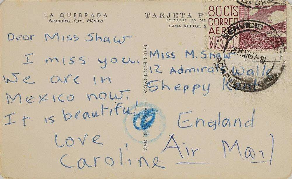 A postcard sent to Mrs Shaw by Caroline Kennedy after the family had left the White House following the assassination of John F Kennedy