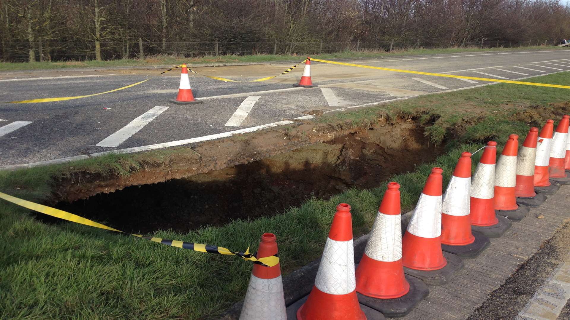 Cones were put up near the sinkhole on the A249