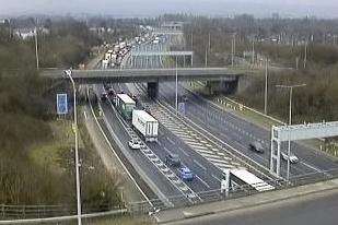 Traffic queuing on the M20 westbound carriageway (left hand side). Picture: Highways England