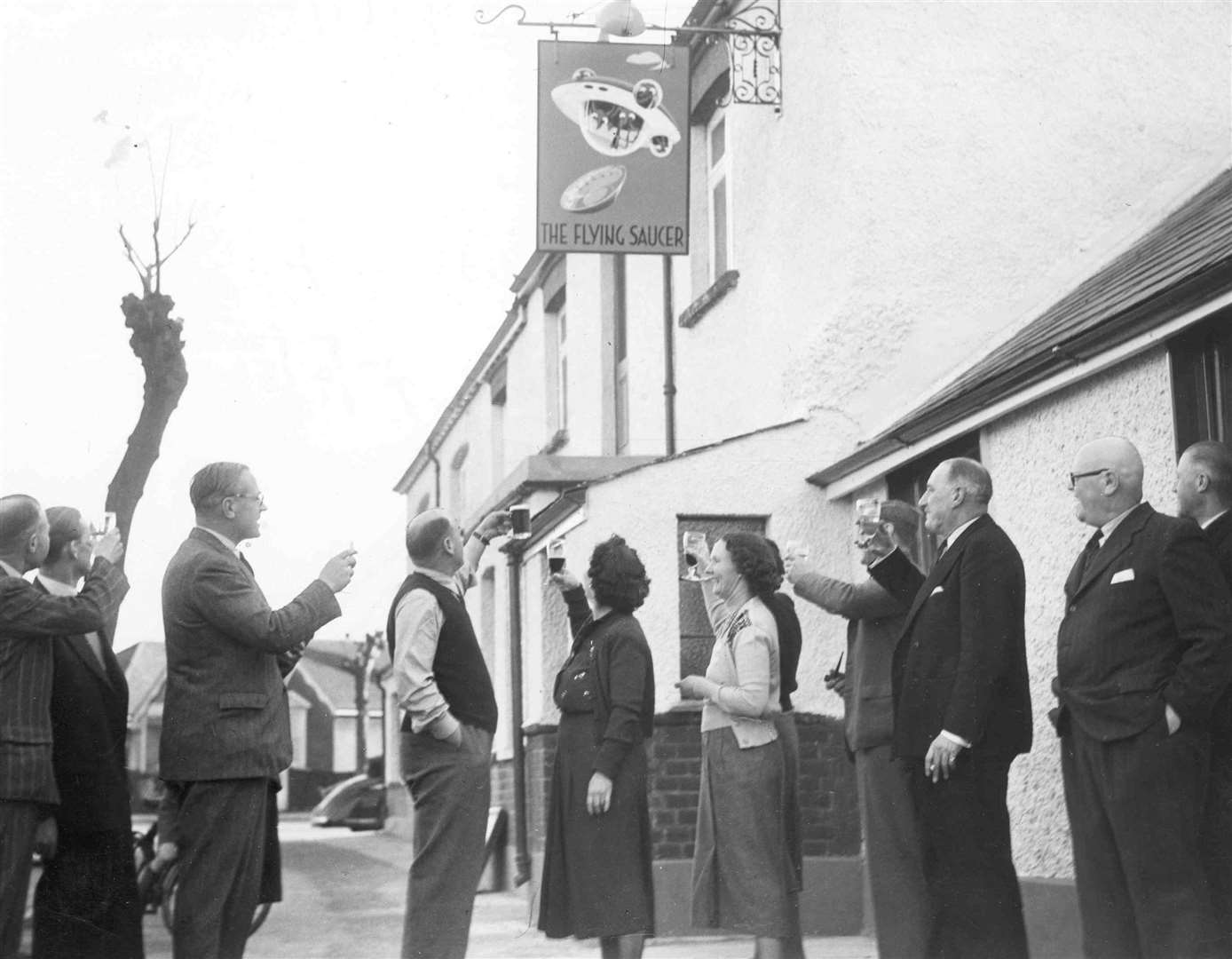 The opening ceremony of The Flying Saucer pub in Hempstead in April 1951. It is still open today and is owned by Greene King