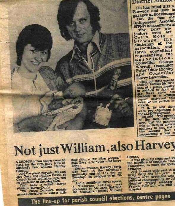 A cutting from the Kentish Express of the first baby born at the Harvey on May 1, 1979. He was named Darren William Harvey Davis and was invited back to open the 20th anniversary fete