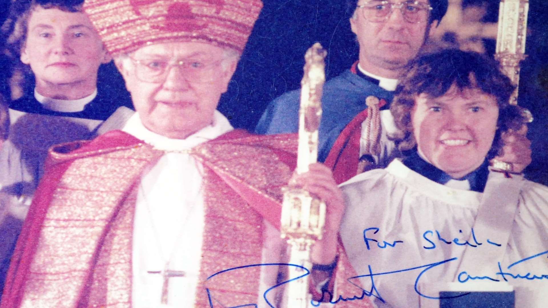 Rev Sheila in 1987 with Archbishop of Canterbury Robert Runcie when she was ordained as deacon