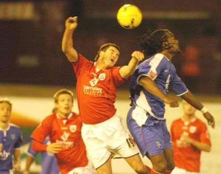 EARLY DEBUT?: Gillingham's loan signing Dale Tonge in action against the Kent club at Barnsley in 2006. Picture: BARRY GOODWIN