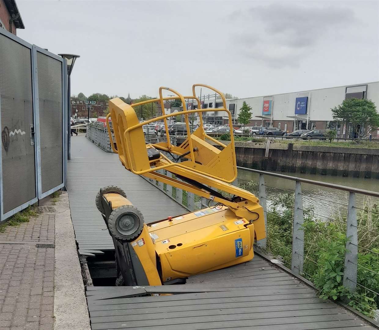 A cherry picker went through the bridge at Morrisons in Strood. Picture: Rick Boxall