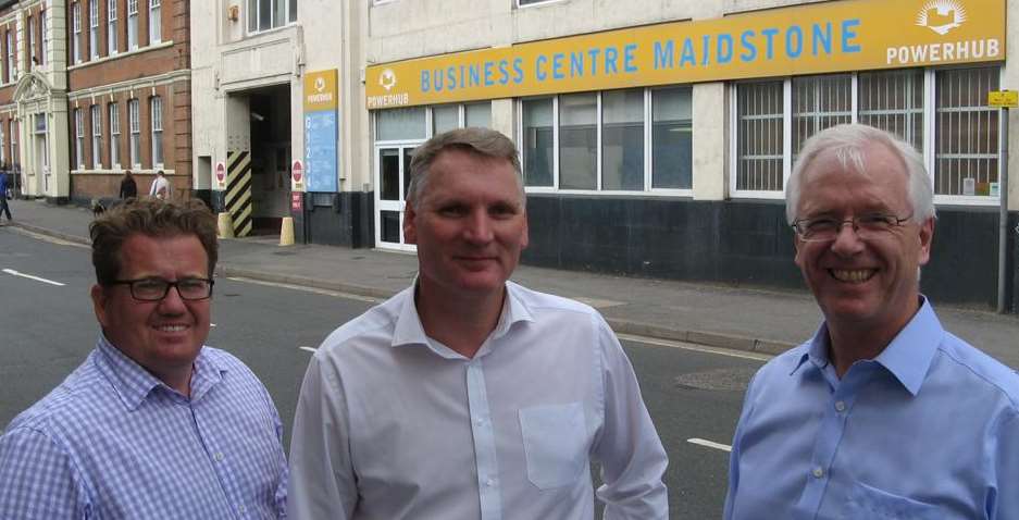 Paul Graham, John Rees and Fraser Whyte - directors of Powerhub developer Terance Butler Holdings - outside the building in Maidstone