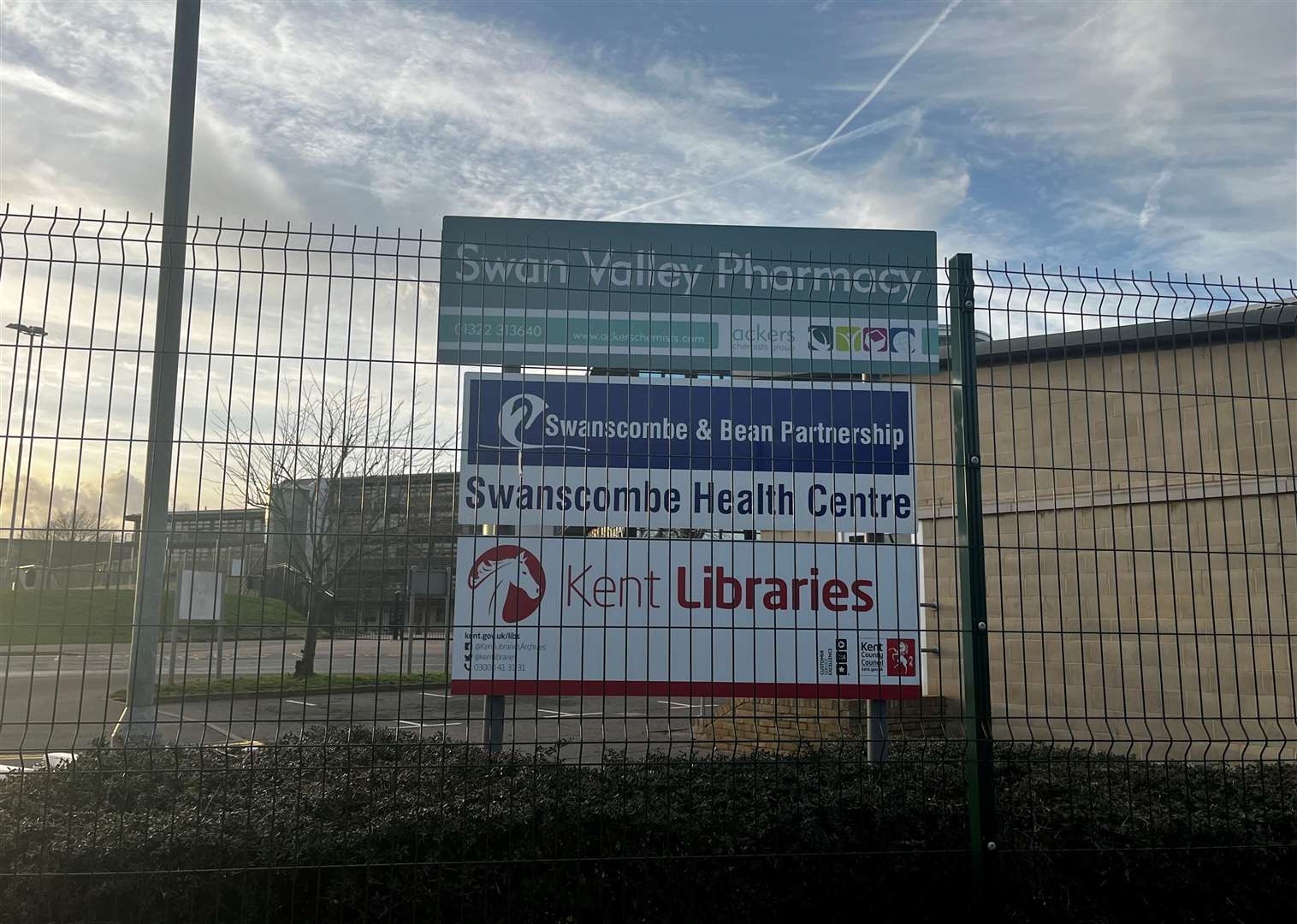 Ebbsfleet Academy grounds includes Swan Valley Pharmacy, Swanscombe Health Centre and Swanscombe library