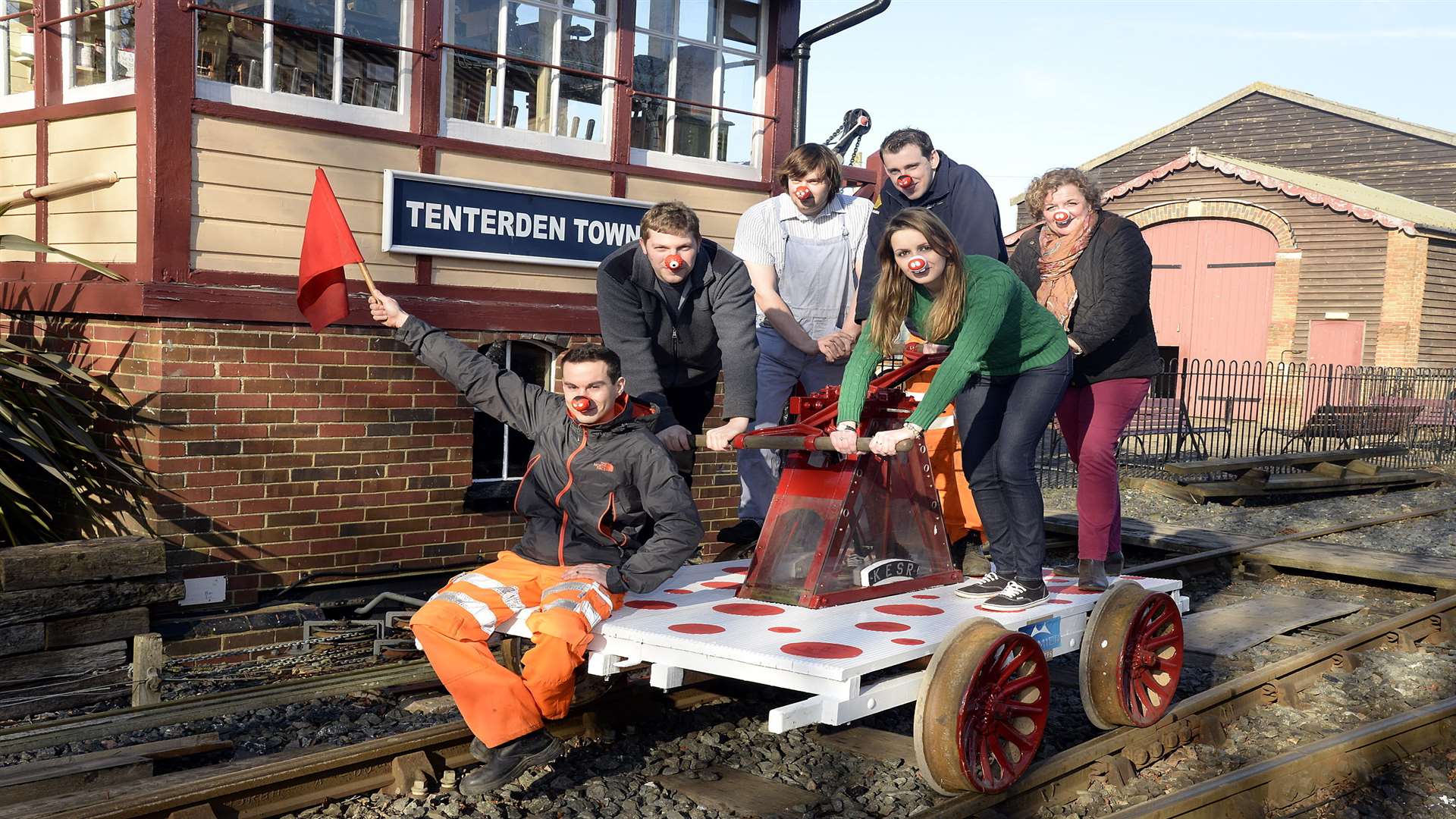 Kent & East Sussex Railway staff and volunteers James Taylor, Andy Hardy, Richard Stone and Jamie Douglas with Jenna Hosmer and Debbie Kilgannon who are undertaking a 100-mile pump trolley challenge for Comic Relief. Picture: Chris Davey/Kent & East Sussex Railway