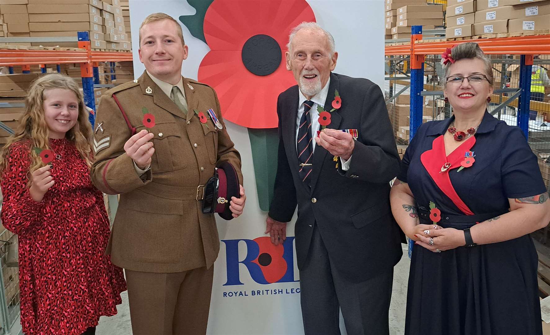 Poppy ambassadors: Maisie Mead, who has helped with the appeal since she was four; Ashley Martin, a serving Lance Corporal in the Royal Army Medical Corps, who has himself received support from the RBL; Rear Admiral John Roberts, aged 99, and Jill Merrett from Bermondsey whose great grandfather died from wounds sustained at the Battle of the Somme.