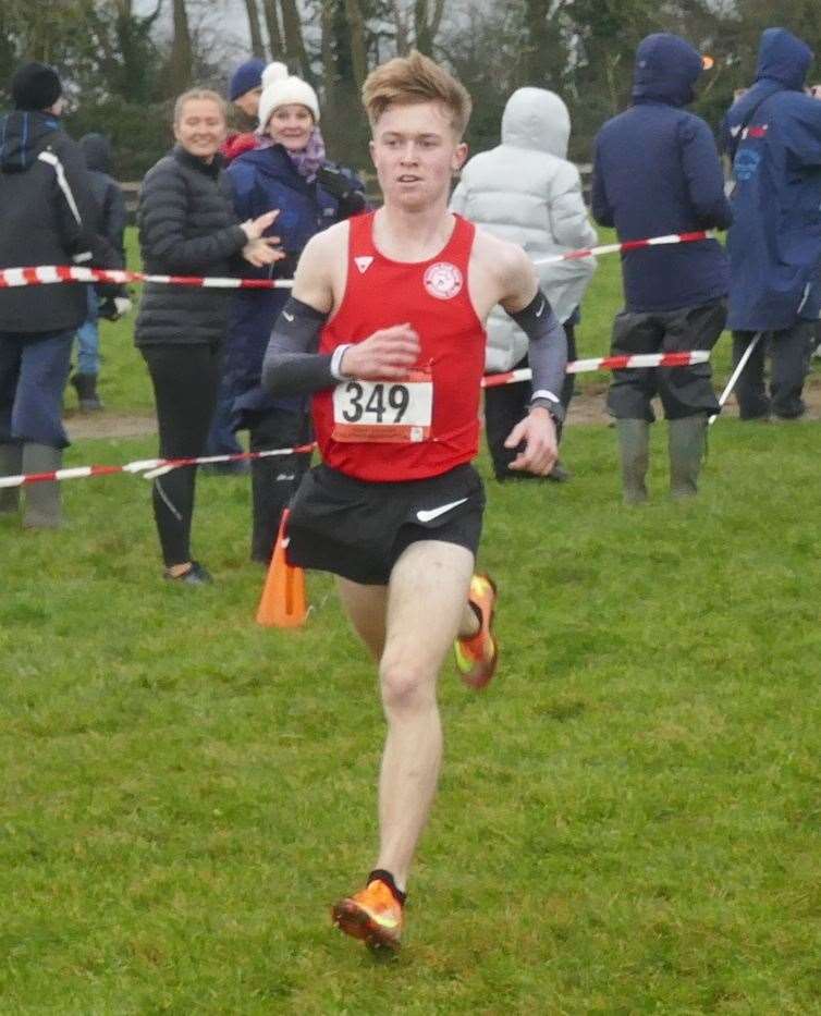 Jake Stevens of Invicta East Kent on his way to under-17 success at the Kent Cross-Country Championships. Picture: Mike Peel