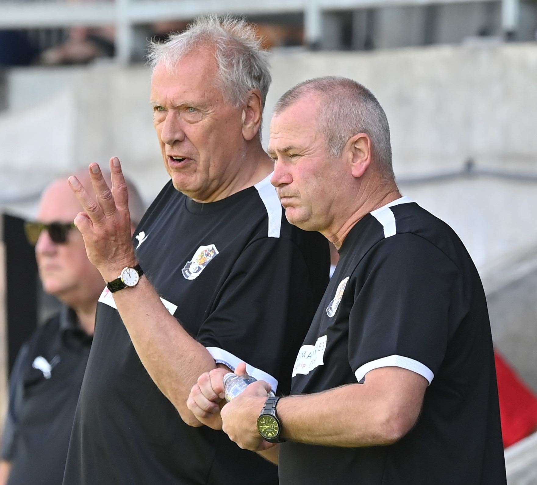 Dartford manager Alan Dowson, right, talks tactics with coach Martin Tyler Picture: Keith Gillard