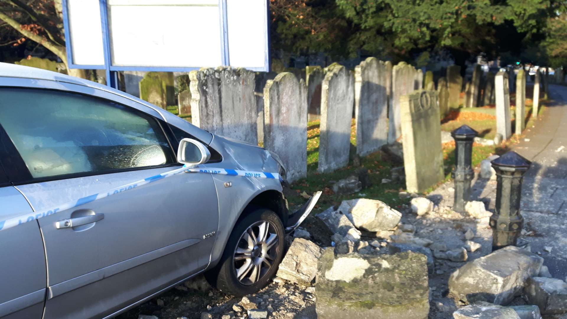 A car crashed into the graveyard at All Saints Church in Maidstone and caused huge amounts of damage to the wall and a gravestone.