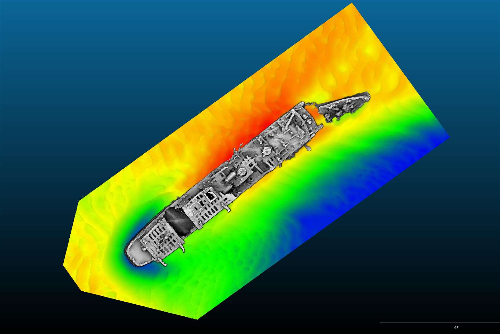 Multibeam survey of the wreck of the Normannia after she sank off the coast of Dunkirk during the evacuations in 1940. Picture: Drassm/MSDS Marine/Historic England