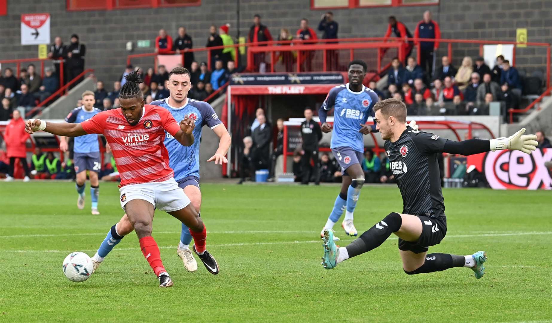 Ebbsfleet striker Dominic Poleon rounds the keeper but shoots wide in the first half. Picture: Keith Gillard