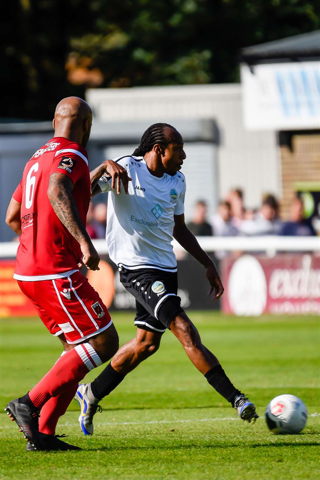 Dover goalscorer Ricky Modeste takes aim against Chorley. Picture: Alan Langley