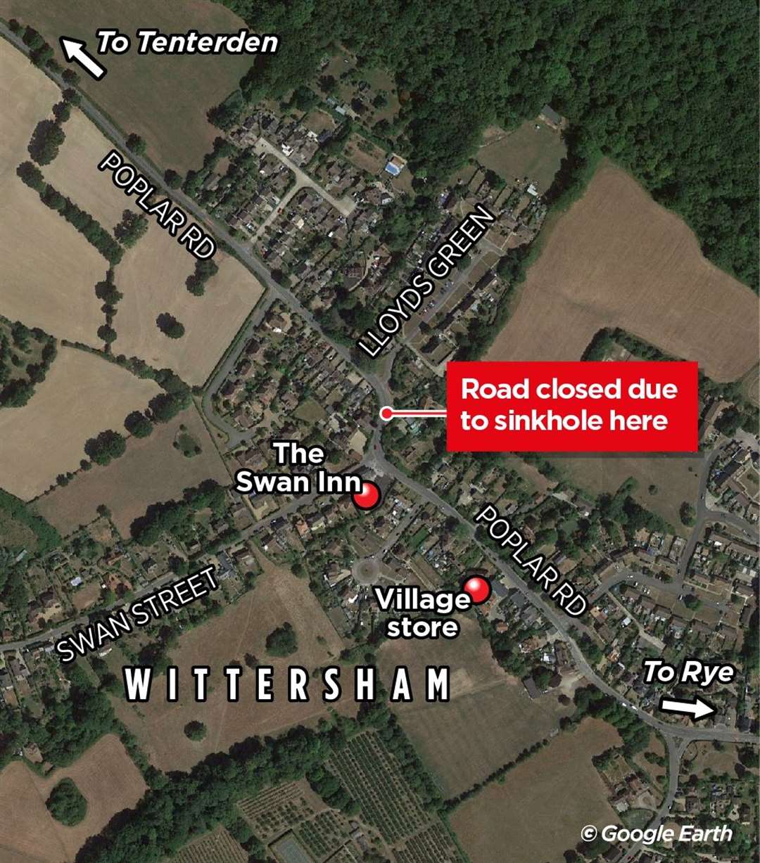 A sinkhole has closed Poplar Road in Wittersham near Tenterden