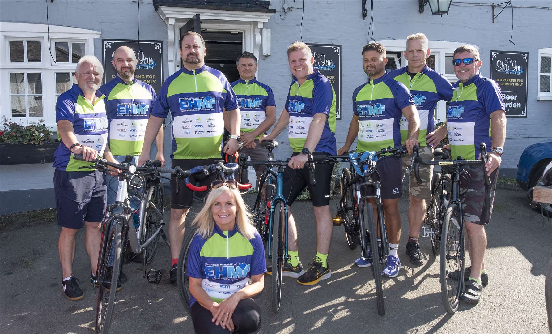 Seven of the 18 riders, outside event sponsort The Ship Inn at Southfleet. Left to right: Peter Scutts, Dan Ferla, Richard Brown, Kerry Holmes (front), Glenn Holmes, Nick Hedley, Warren D’rosario, Chris Warden from Move2Clear and Eamon Fanning. Photo: EHMF