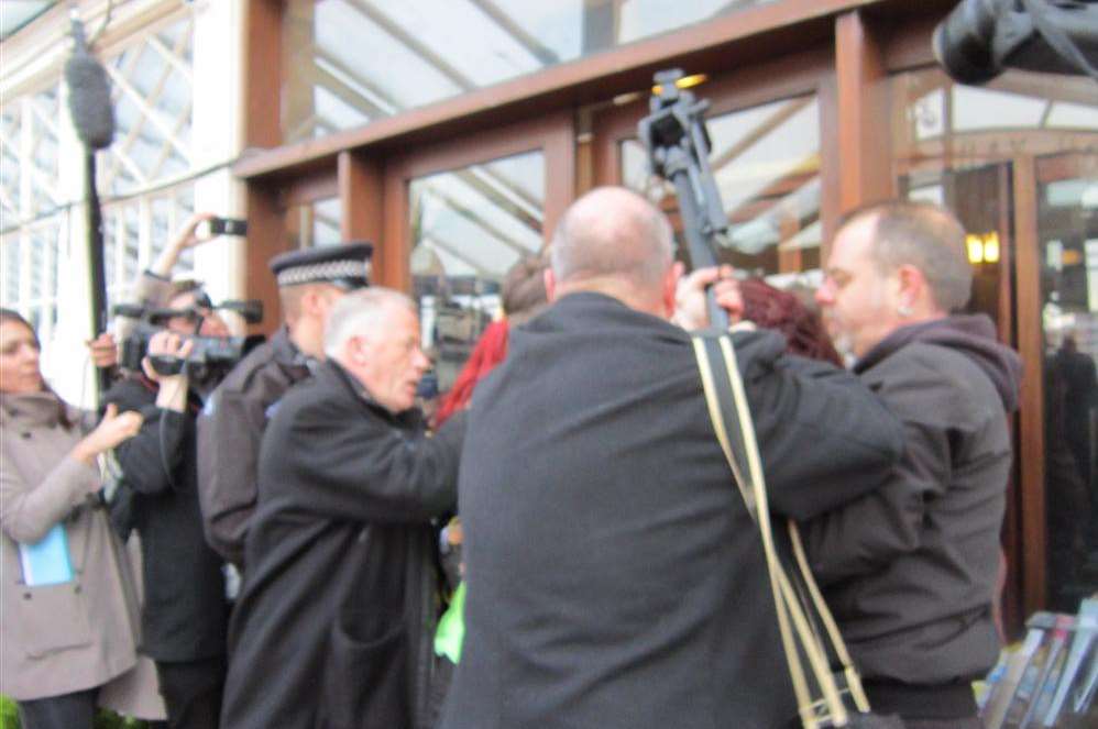 The media scrum outside the hotel during Nigel Farage's visit in January