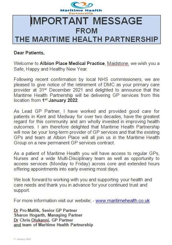 A letter posted on Facebook reads that DMC will be replaced with Maritime Health Partnership. Picture: DMC Albion Place Medical Practice