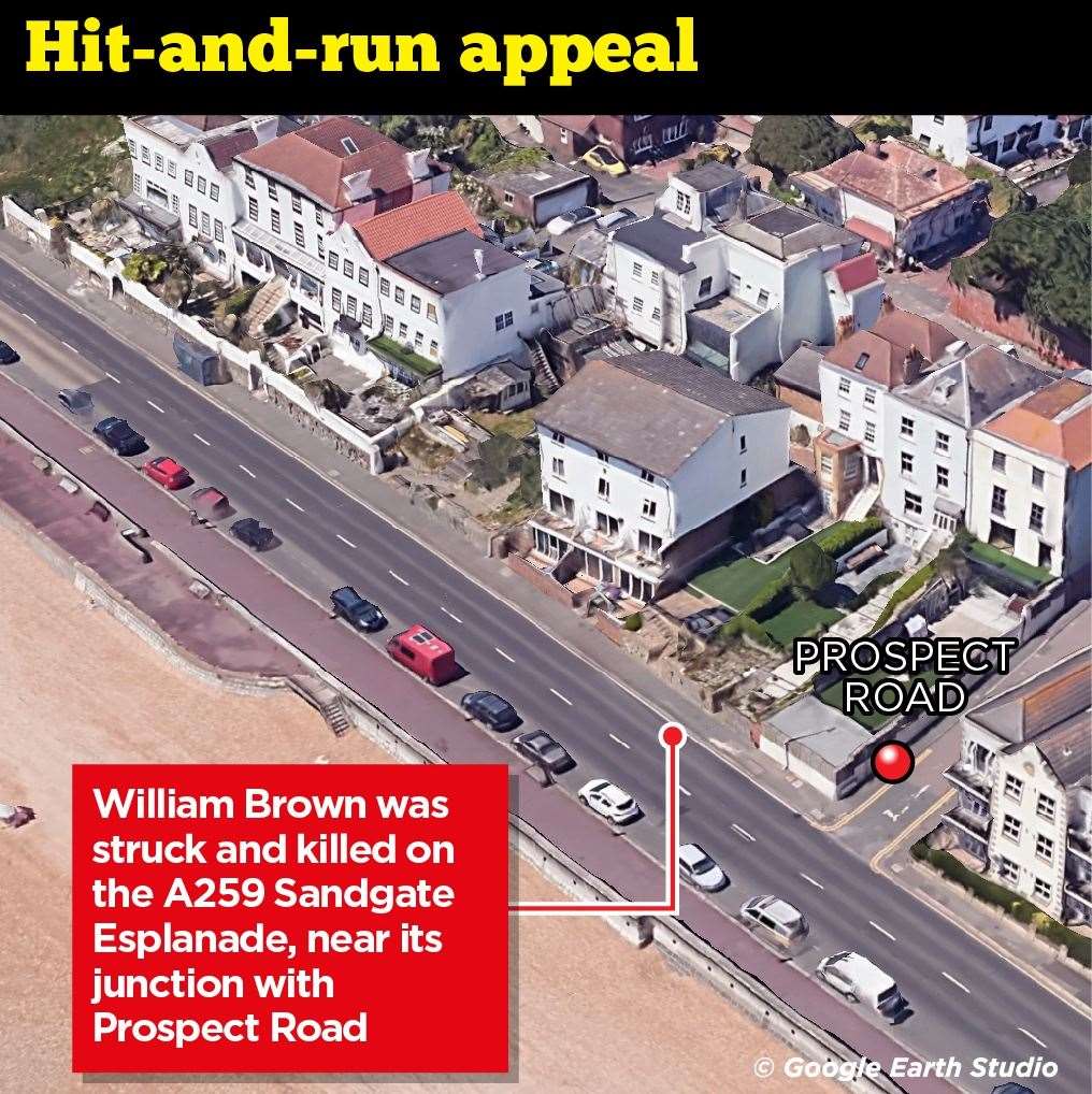 A graphic shows where William Brown was killed in a suspected hit-and-run in Sandgate Esplanade