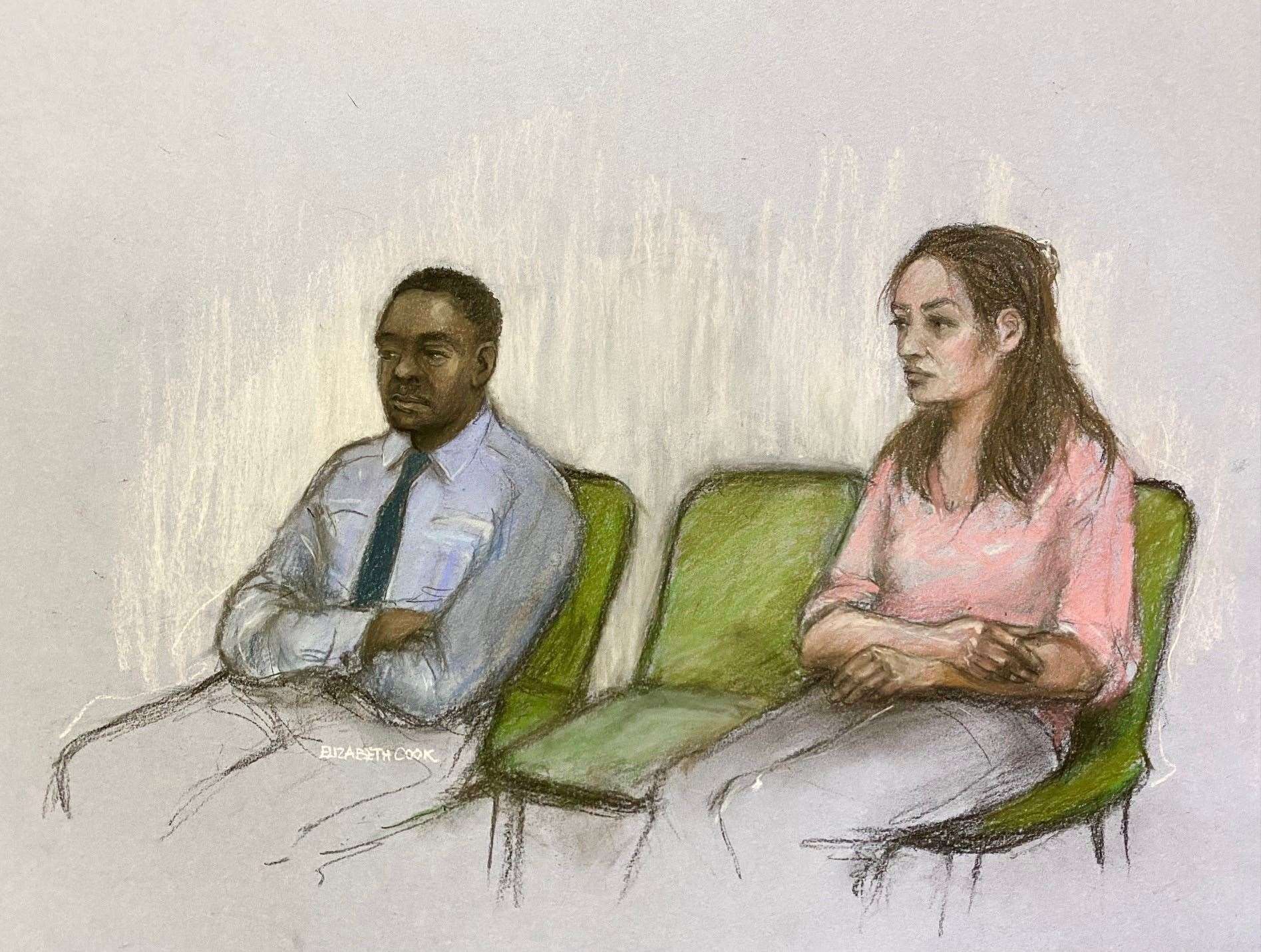 Court artist sketch of Constance Marten and Mark Gordon at the Old Bailey (Elizabeth Cook/PA)