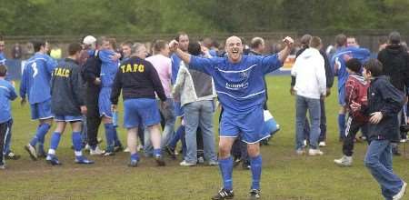 SHEER JOY: Tonbridge's players and fans celebrate at the final whistle. Picture: JOHN WARDLEY