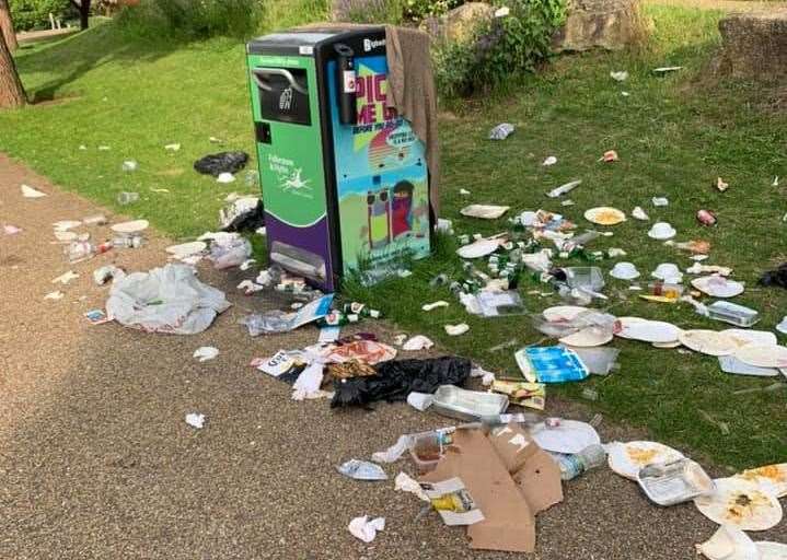 Rubbish strewn next to a Big Belly Bin at Folkestone Coastal Park on Monday morning (12950413)