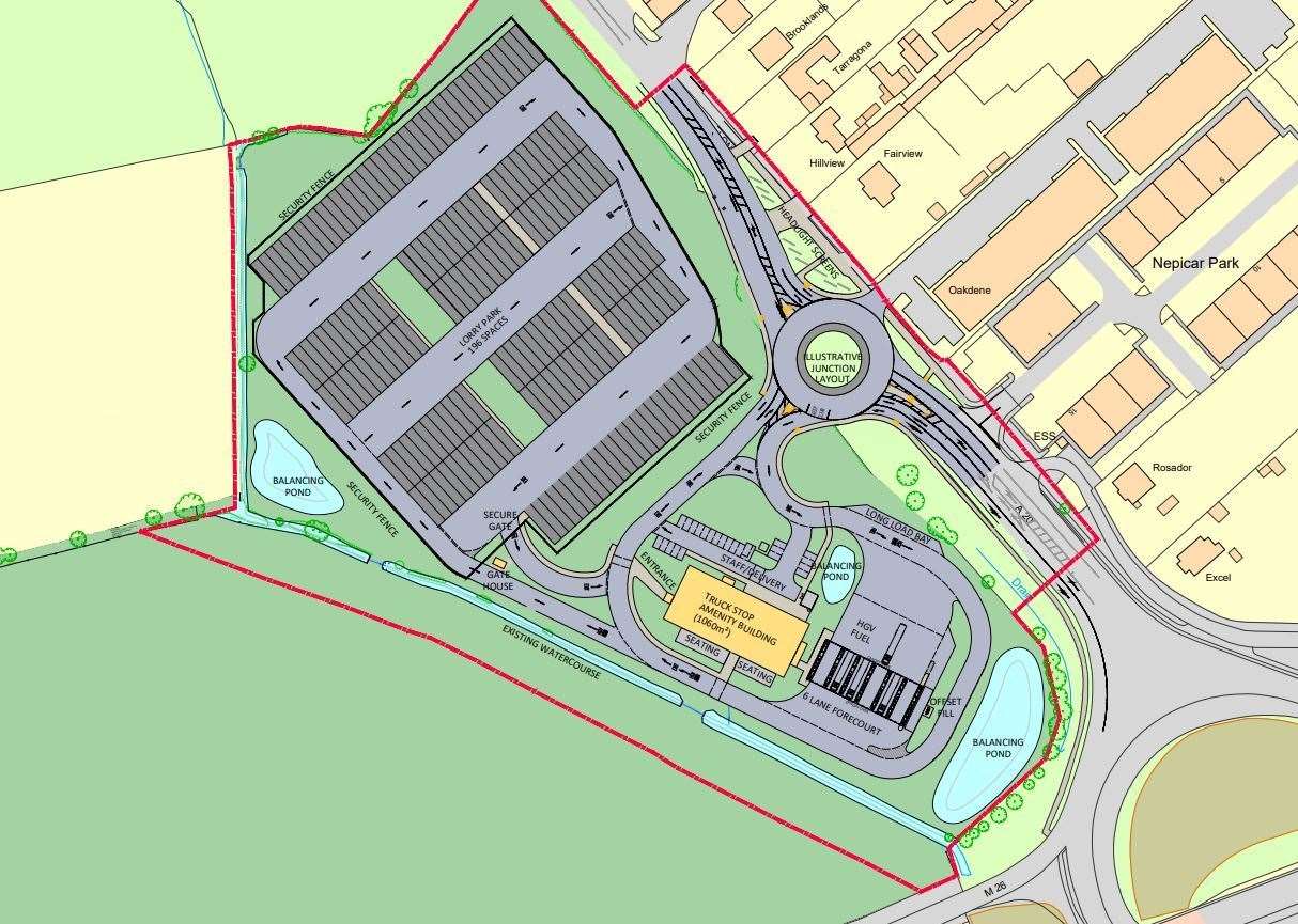 Site plan for a new HGV park at junction 2A of the M26, in Wrotham