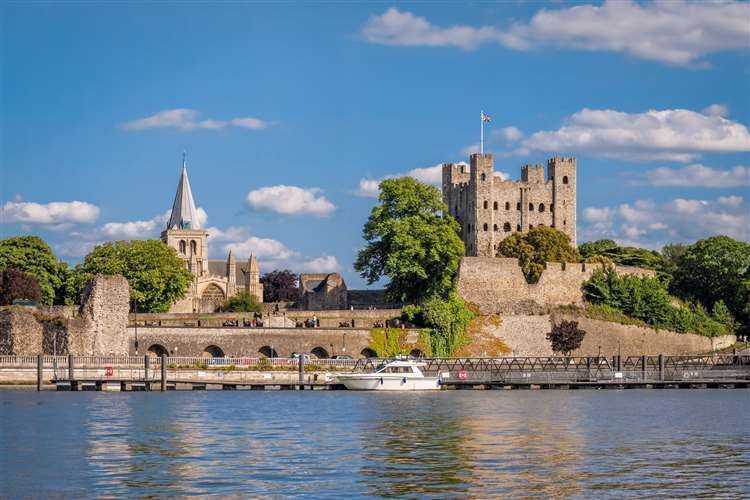Rochester Castle on the Esplanade as seen across the River Medway